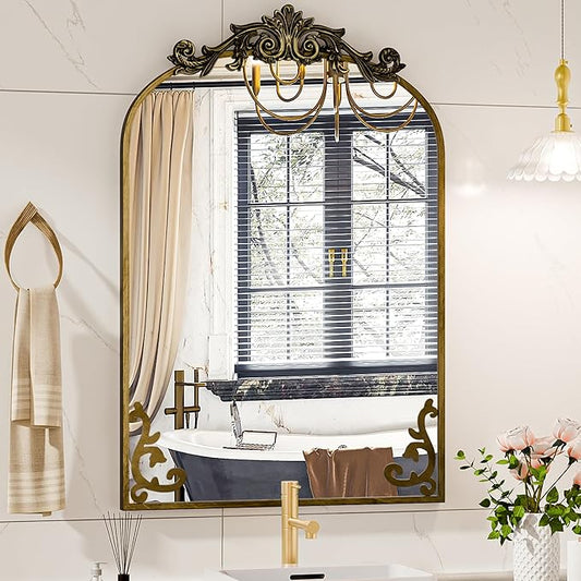 Koonmi Vintage Mirror, 30x40 Antique Decorative Mirrors with Flower Head, Bronze Ornate Mirror for Wall, Tempered Glass, Baroque Mirrors for Bathroom Living Room Fireplace Entryway