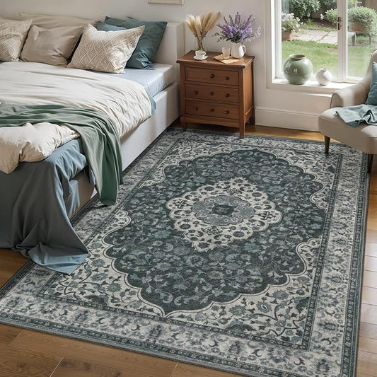 Tangsoo Vintage 3x5 Rug for Bedroom,Non-Slip Soft Low Pile Grey Green Indoor Area Rug,Washable Boho Carpet for Front Porch Living Room Patio Entryway