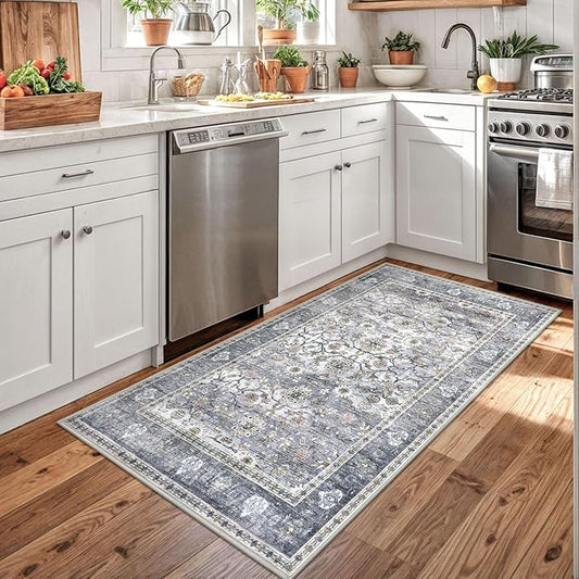 KUTA Vintage Floral 3x5 Rug, Washable Non-Slip Entryway Rug & Kitchen Carpet, Ultra Thin Soft Low-Pile Oriental Throw in Grey Blue, Distressed Print for Living Room Dorm, Entry Décor