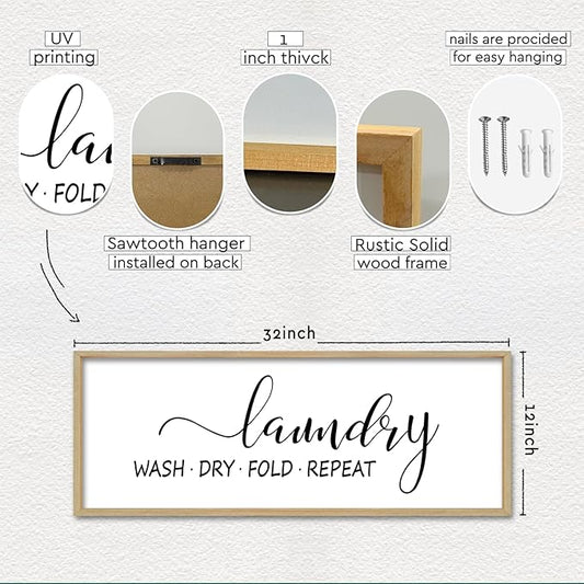 Laundry Room Wall Decor Sign 32"×12" Bathroom Laundry Rules Wash Dry Fold Repeat Large Wood Framed Wall Hanging Art (Wood)