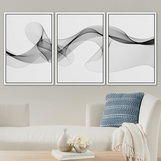 SIGNLEADER Framed Canvas Print Wall Art Curly Black Smoke Ribbons Geometric Shapes Digital Art Modern Art Minimalist Relax/Calm Multicolor Dark for Living Room, Bedroom, Office - 24"x36"x3 WHITE