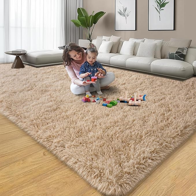 qulint Area Rugs 9x12 Living Room, Fluffy Rug for Bedroom Shag Large Rug 9x12, Soft Alfombras para Salas Modernas Shaggy Fuzzy Carpets for Boys and Girls Dorm Room Home Decor (9ft x 12ft, Light Tan)