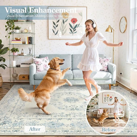 Wonnitar Bow Floral 5x7 Washable Rug, Blue Area Rug for Kids Room, Ultra-Thin Non Slip Soft Neutral Aesthetic Decor Carpet for Living Room Farmhouse Dining Room Office Playroom