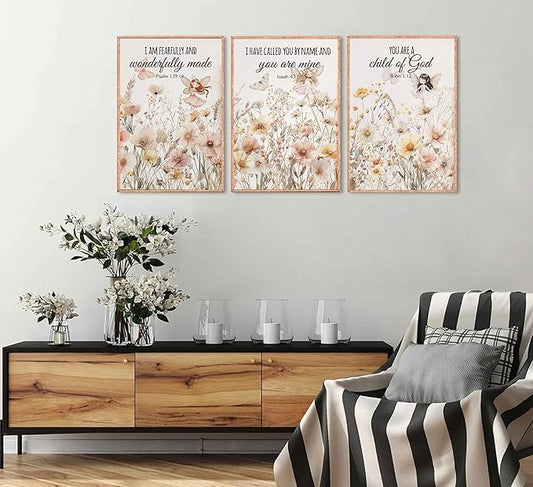 3Pcs Christian Nursery Wall Art Wildflower Bible Verse Canvas Painting Vintage Flower Scripture Pictures Wall Decor Butterfly Girl Floral Posters Prints for Girls Baby Room Living Bedroom Unframed