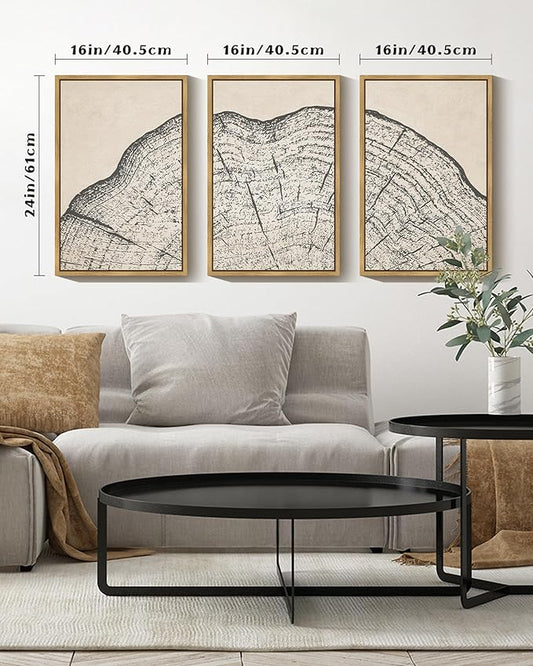PHOPAGO Farmhouse Vintage Framed Wall Art Large 16x24in Set Gray Wood Tree Ring Spirals Nature Abstract Drawings Rustic Modern Art Decor for Living Room Bedroom - Natural Framed