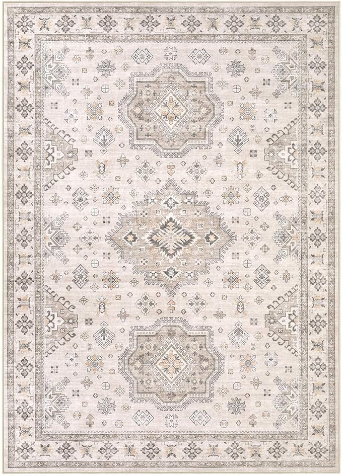 EIEIHOUSE Washable Area Rugs for Living Room - 5x7 Neutral Vintage Distressed Floral Farmhouse Boho Large Soft Floor Rug Indoor Non Slip Carpet for Living Room Bedroom Dining Room Office - Beige Brown