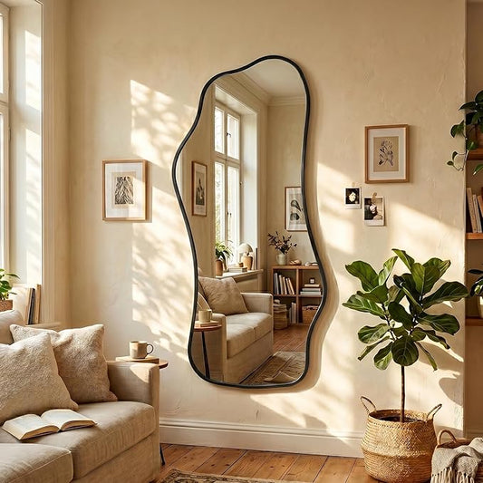Bathroom Mirrors for Over Sink-Horizontal or Vertical Hanging 47.2"x21.6" Black Asymmetrical Wavy Aluminum Frame Decorative Full Body Mirror for Living Room,Bedroom,Cloakroom,Entryway