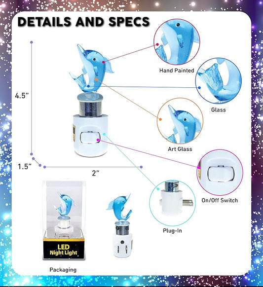 COTA Global Dolphin Night Light - Home Décor Wall Plug in Night Light with Switch, Unique Decorative Hand Made LED Glass Art Nightlight - 4.5 Inches