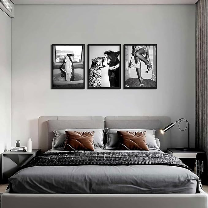 Framed Trendy Black and White Wall Art Set of 3, Fashionable Cheetah Wall Decor, Posters for Room Aesthetic, Modern Vintage Photography Model Canvas Prints for Living Room Bedroom – 16x24in