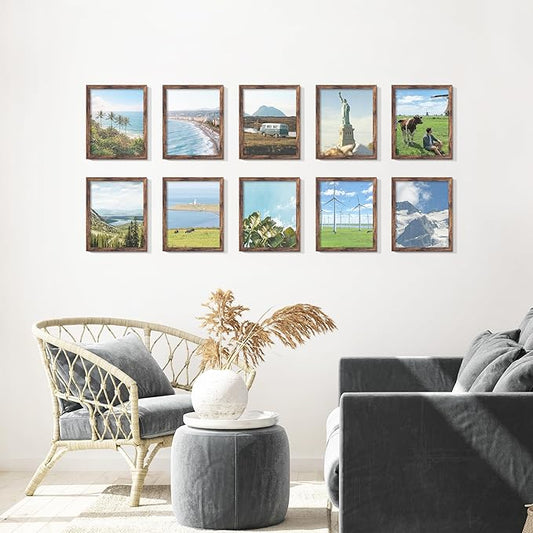 8x10 Picture Frame Set of 10, Brown Frames 8x10 for Tabletop Display, Horizontal or Vertical Wall Mounting