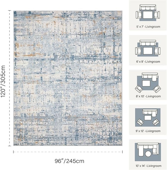 Rugxara Blue 8x10 Area Rugs,Large Soft Rugs for Living Room, Blue Washable Rug, Modern Abstract Rugs for Bedroom Dining Room, Non-Slip Foldable Thin Indoor Carpet Stain Resistant(Blue Beige)