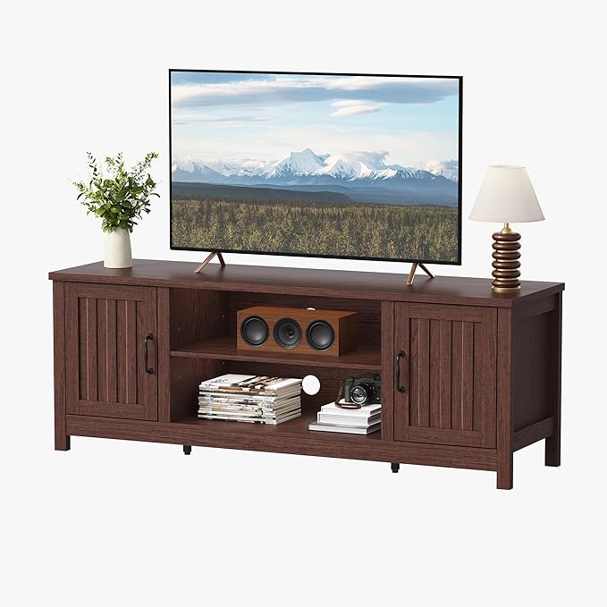 ChooChoo 54" Farmhouse TV Stand for TVs up to 65 inches, Entertainment Center with Storage Cabinets, Open Shelves and Fluted Door, TV Console Table for Living Room, Bedroom, Walnut