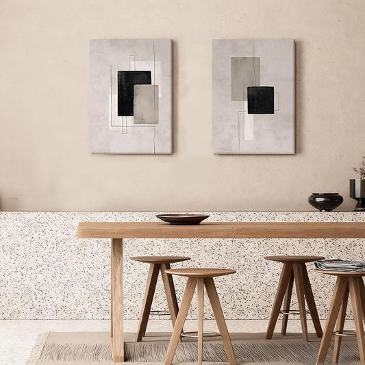 Kdyudo 2 Pcs Large Minimalist Block Line Canvas Framed Wall Art Neutral Abstract Print Poster Wall Decor Black Beige And Brown Geometric Square Line Painting Pictures Living Room Bedroom 12x16 Inch