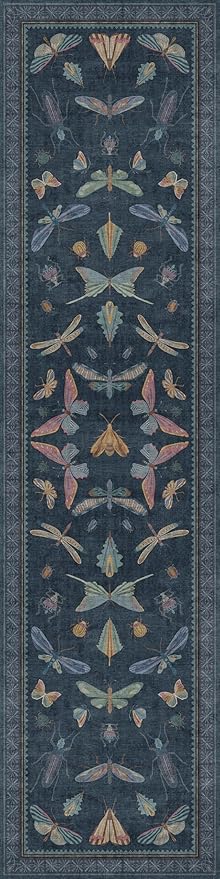 2'6"x10' Dark Blue Kitchen Runner Rug, Washable Non Slip Hallway Rug for Entryway, Vintage Insect Moth Indoor Carpet, Low Pile & Stain Resistant