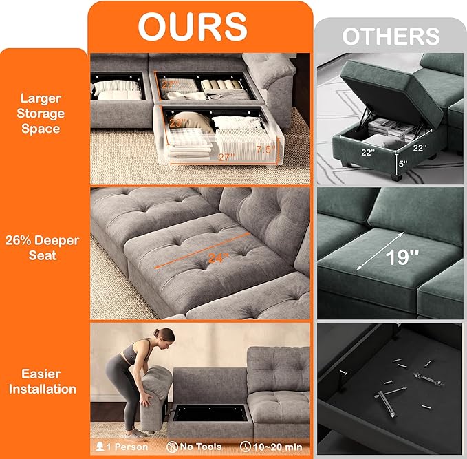 Oversized Modular Sectional Sofa with Storage, Modern Deep Seat Cloud Couch for Living Room, L-Shaped Large Sectional Couch, 4 Seater, Gray