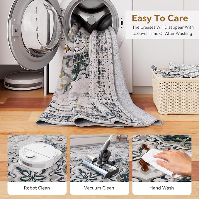 RUSHUFFY 8x10 Washable Rug for Living Room, Non-Slip Large Boho Vintage Print Pattern Carpet for Bedroom Dorm Dining Room Farmhouse Nursery Home Office, Grey White