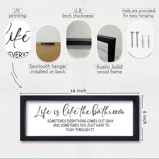 Life Is Like The Bathroom Sign Funny Motivational Quote Wall Decor 16"×6" Small Wood Framed for Bathroom Restroom Wall Hanging Art (Black)