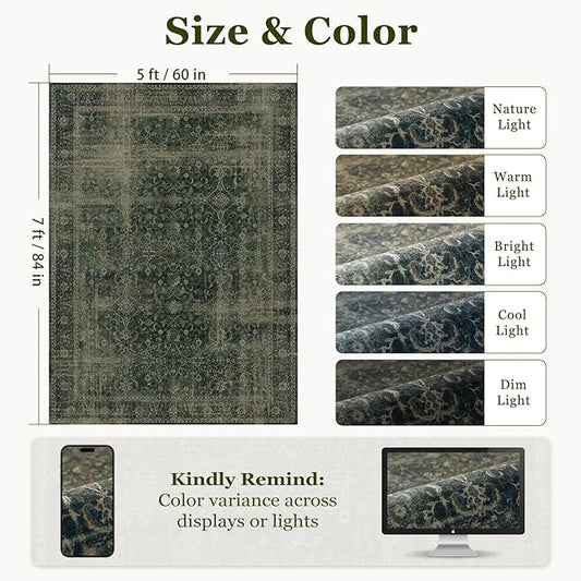 Dark Green Area Rugs 5x7 for Living Room, Vintage Moody Room Rug for Bedroom, Washable Non Slip Low Pile Carpet Rugs for Dining Room/Home Office, Earth Tone Jungle Green with Brown Accents