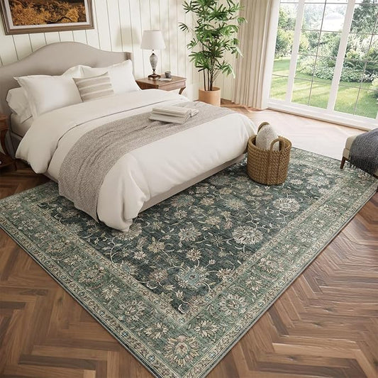 Washable 5x7 Area Rugs for Living Room, Boho Non-Slip Vintage Rugs for Bedroom Dining Room Nursery Office, 0.3" Neutral Oriental Throw Thin Carpet with Cushioning Pad, Sage Green/Multi, E1