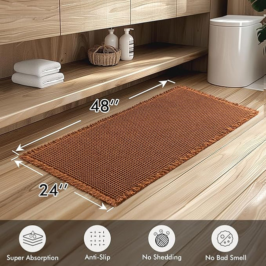 MIULEE Set of 2 Waffle Bathroom Runner Rugs, Terracotta Boho Bath Rug Non Slip, Super Absorbent Runner Bath Mats, Rubber Backed Shower Mat for Hallway Bedroom Laundry Room, Caramel, 2'x4'(24x48 Inch)