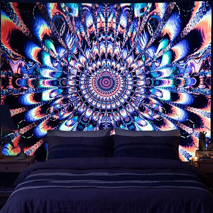 PRRPRR Blacklight Mandala Tapestry for Bedroom, UV Reactive Trippy Wall Tapestry, Bohemian Aesthetic Wall Art Decor for Adults Teens (Mandala Orange, 78"x59")