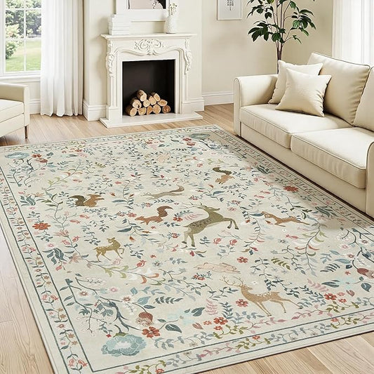 5x7 Area Rugs Washable Rug: Lagre Boho Living Room Rug Soft Non-Slip Thin Carpet Indoor Floor Non-Shedding Neutral Floral Carpets for Bedroom Dining Room Farmhouse Nursery Beige Animal