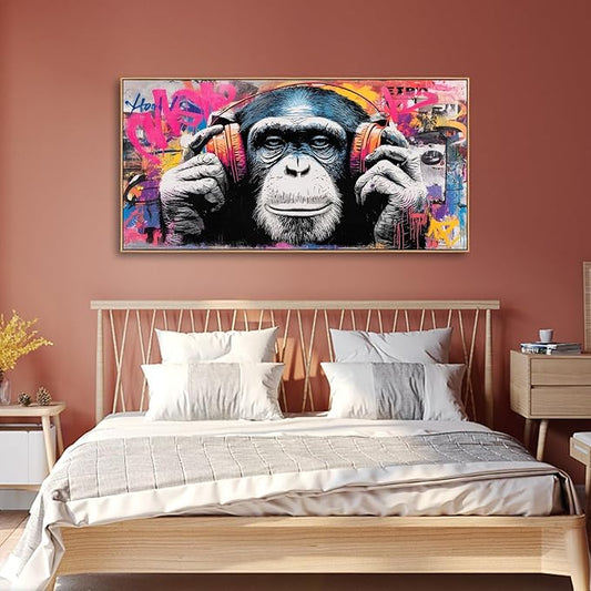 Sorbrozo Colorful Gorilla with Headphones - Street Graffiti Wall Art Print DJ Music Animal Canvas Painting Urban Wall Decor for Boys Room 20x40in