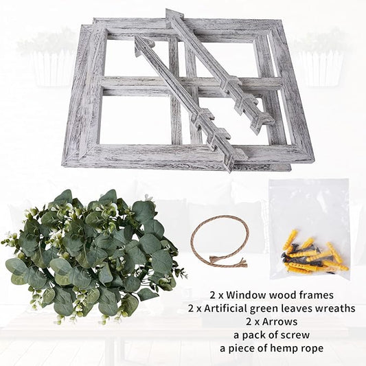 Rustic Wood Window Frame with Green Wreath and Arrows Wall DecorοΌFarmhouse Window Frame Hanging Decor, Wooden Fake Decoration,Window Pane Wall Decor,Set of 2 (White)