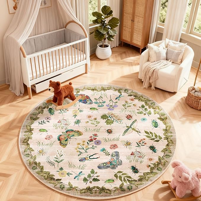 Washable Round Rugs for Bedroom 4ft: Living Room Rug Stain Resistant Non Slip Low Pile Ultra Soft Faux Wool Small Circle Rugs for Kitchen Entryway Bathroom Nursery Dorm Home Office Entrance Indoor