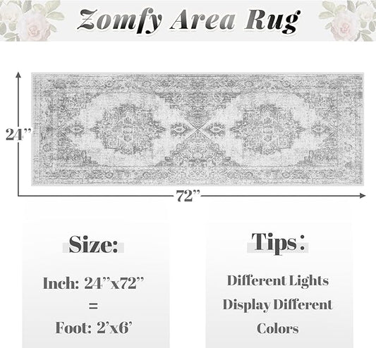 Area Rug 2x6 Runner Rugs: Washable Vintage Hallway Rug Indoor Medallion Rugs Low Pile Distressed Floor Carpet Retro Accent Rug for Kitchen Bedroom Bathroom Dining Room(Grey, 2'x6')