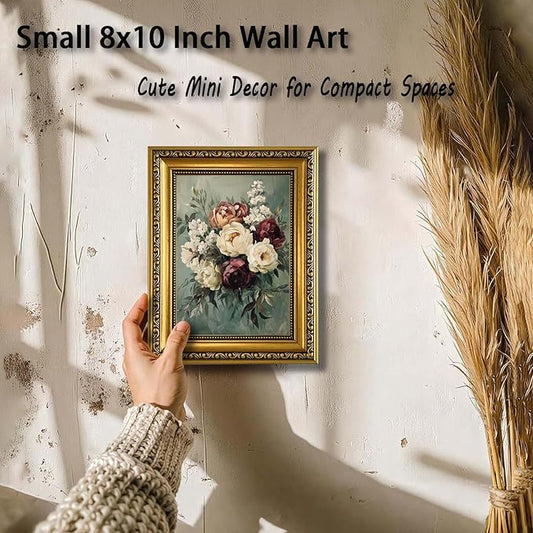 YD&YZY Gold Framed Vintage Wall Art Canvas Still Life Sage Green Flower Farmhouse Print Moody Floral Wall Decor Rustic Cottagecor Painting Picture Print for Dining Room Bedroom 8x10 inch Small Framed