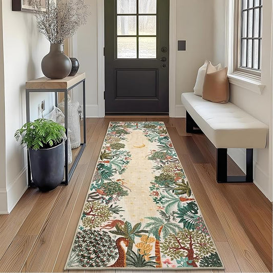 GarveeHome 2x6 Jungle Washable Runner Rug for Kitchen, Soft Animal Print Hallway Runner Non Slip Beige Entryway Rug Farmhouse Laundry Mat Stain Resistant Carpet for Bedroom Bathroom