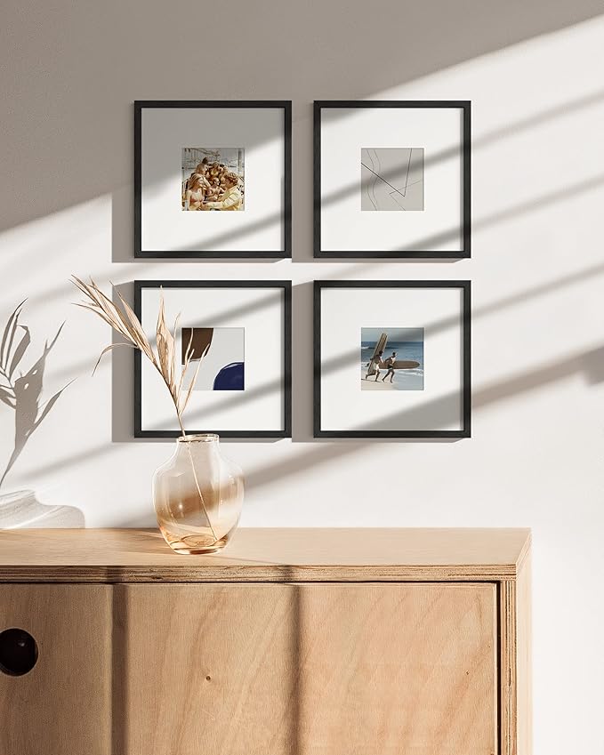 HAUS AND HUES Black Oak Wood 8x8 Picture Frames - Set of 4, Square Frames with Mat, Elegant Frames for Photos and Prints (8x8 in, Black, Set of 4)