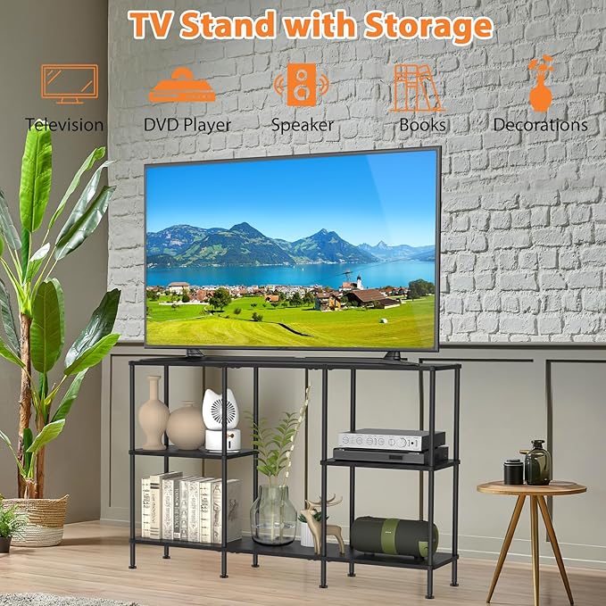 TV Stands for Living Room, Black TV Stand for 50 Inch TV, Tall Entertainment Center with 3 Tier Open Storage,TV Console Table for Bedroom, Media Cabinet with Shelves for 50 43 40 32 Inch TV, Black