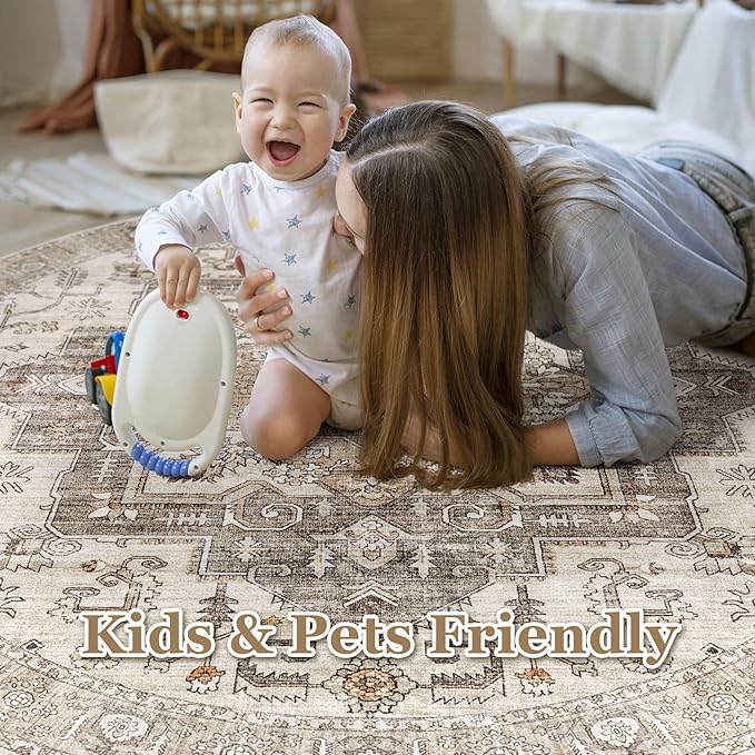 6x6 Round Area Rugs Washable Vintage - Soft Traditional Rugs for Living Room Large Non Slip Backing with Low Pile Farmhouse Oriental Retro Carpet for Bedroom Dining Room or Home Office - Light Brown