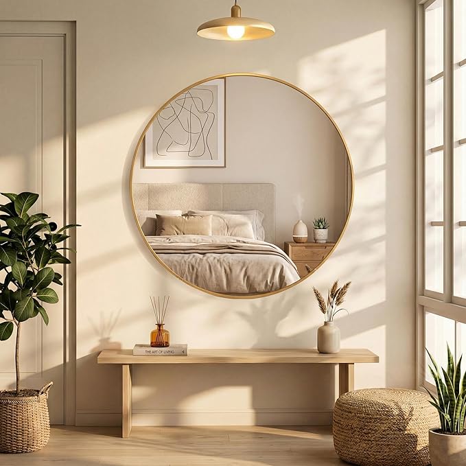 DUMOS 20 Inch Round Wall Mirror, Bathroom Mirror with Metal Frame, HD Reflection Shatterproof Glass Vanity Mirror, Decor for Bathroom Vanity Bedroom Entryway, Glod