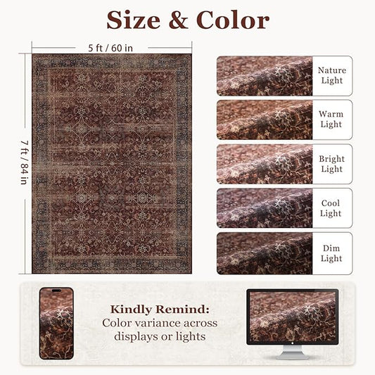 Moody Brick Area Rugs 5x7, Distressed Oriental Living Room Rug Washable, Non Slip Low Pile Thin Carpet Rugs for Bedroom/Dining Room/Home Office/Kitchen, Vintage Brick Red Stain-Resistant