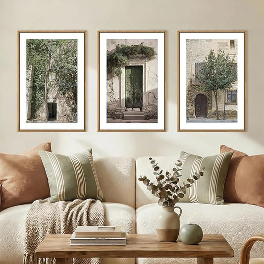 HOURIA Vintage Italy City Landscape Framed Canvas Wall Art Set,Sage Green Olive Tree Old House Wall Decor,Modern Mediterranean Country Cityscape Artwork for Living Room,Bedroom,Farmhouse-16 x24 x3