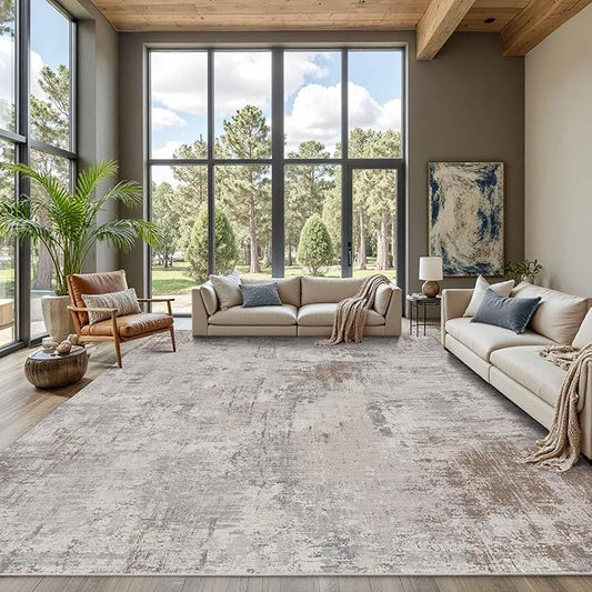 9x12 Area Rug for Living Room, Large Washable Rug, Soft Neutral Abstract Rug for Bedroom, Office, Farmhouse, Low Pile Imitation Wool Non Slip Carpet Ideal for High-Traffic Areas, Blue Grey