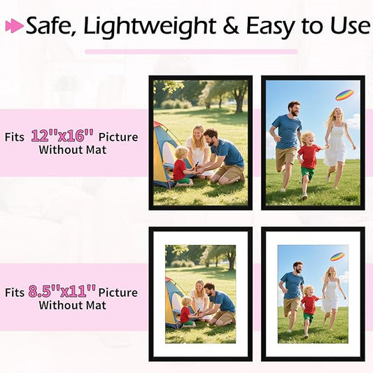 12x16 Picture Frame, 12 x 16 Black Frame with HD Plexiglass, Display Pictures 8.5x11 with Mat or 12x16 Without, Wall Hanging Photo Frame Poster Frames for Home Office Gallery Decor, 2 Pack