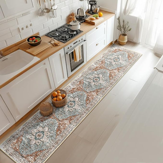 BESTSWEETIE 2x10 Area Rug Washable Rugs for Living Room, No Pile Boho Carpet for Entryway Bedroom Dinning Room, Vintage Carpet Print Distressed Non-Slip, 2 x 10 ft, Green Brick Rust Red