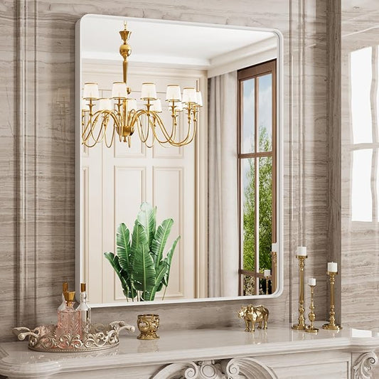 JISOSO White Bathroom Mirror 28x36 Inch, White Metal Framed Bathroom Mirror for Wall, Rounded Rectangle Matte Bathroom Vanity Mirror, Tempered Glass, Anti-Rust, Horizontal/Vertical