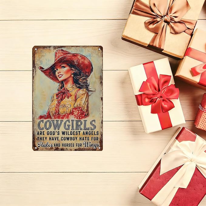 Cowgirl Sign Vintage Metal Tin Sign Cowgirl Are God's Wildest Angels They Have Cowboy Hats for Halos and Horse for Wings Teen Girls Room Decor Wall Art Print 12x8 Inch