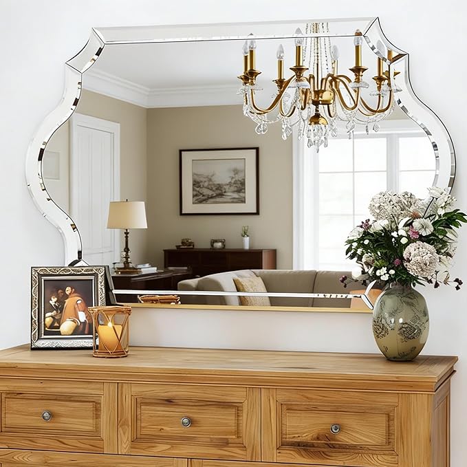 Chende 32"x47" Scalloped Large Wall Mirror for Decor Living Room, Arched Decorative Mirror with Clear Glass Frame and Beveled Edge, Modern Vertical/Horizontal Hanging, Gifts for Girls
