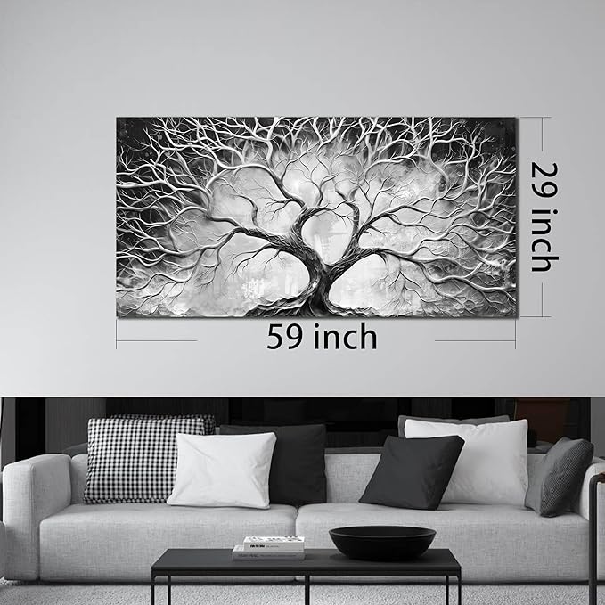 CIRABKY Tree Wall Art for Living Room - Black and White Canvas Wall Art for Office - Home Office Decor Wall Size 29" x 59"