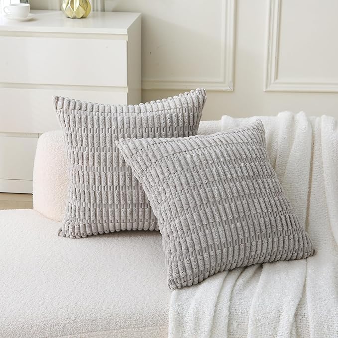 2 Pack Corduroy Decorative Throw Pillow with Inserts, 18x18 Inch Soft Boho Throw Pillow, Square Striped Throw Pillows for Couch, Bed, Sofa Decor (Light Gray)
