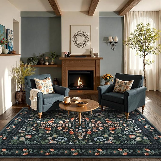 Lahome Black Floral Washable Area Rug 8x10, Vintage Non Slip Stain Resistant Carpet for Living Room Bedroom, Low-Pile Soft Boho Rug for Dining Room Office, Machine Washable Home Decor, Black