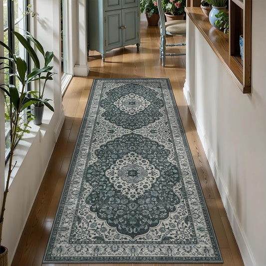 Tangsoo Vintage 2x6 Washable Runner Rug for Hallways,Grey Green Non-Slip Low Pile Long Rug Runner,Floral Soft Indoor Carpet Runner for Kitchen Bedroom Entryway Laundry