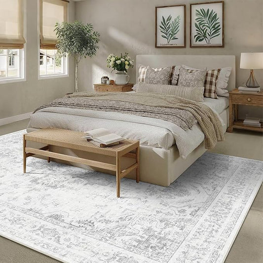 9x12 Vintage Washable Area Rugs Boho Medallion Large Distressed Retro Accent Carpet Floral Non-Slip Soft Low Pile Indoor Throw Rug for Living Room Bedroom Dining Room Office Kitchen, Gray