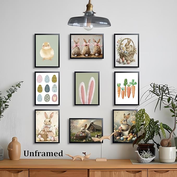 9 Pcs Easter Bunny Wall Decor, Vintage Holiday Wall Art Painting, Rustic Easter Egg Décor Oil Paintings, Fun Rabbit Canvas Poster Print Picture, Vintage Home Decor Animals Artwork Prints 8''x10'' Unframed